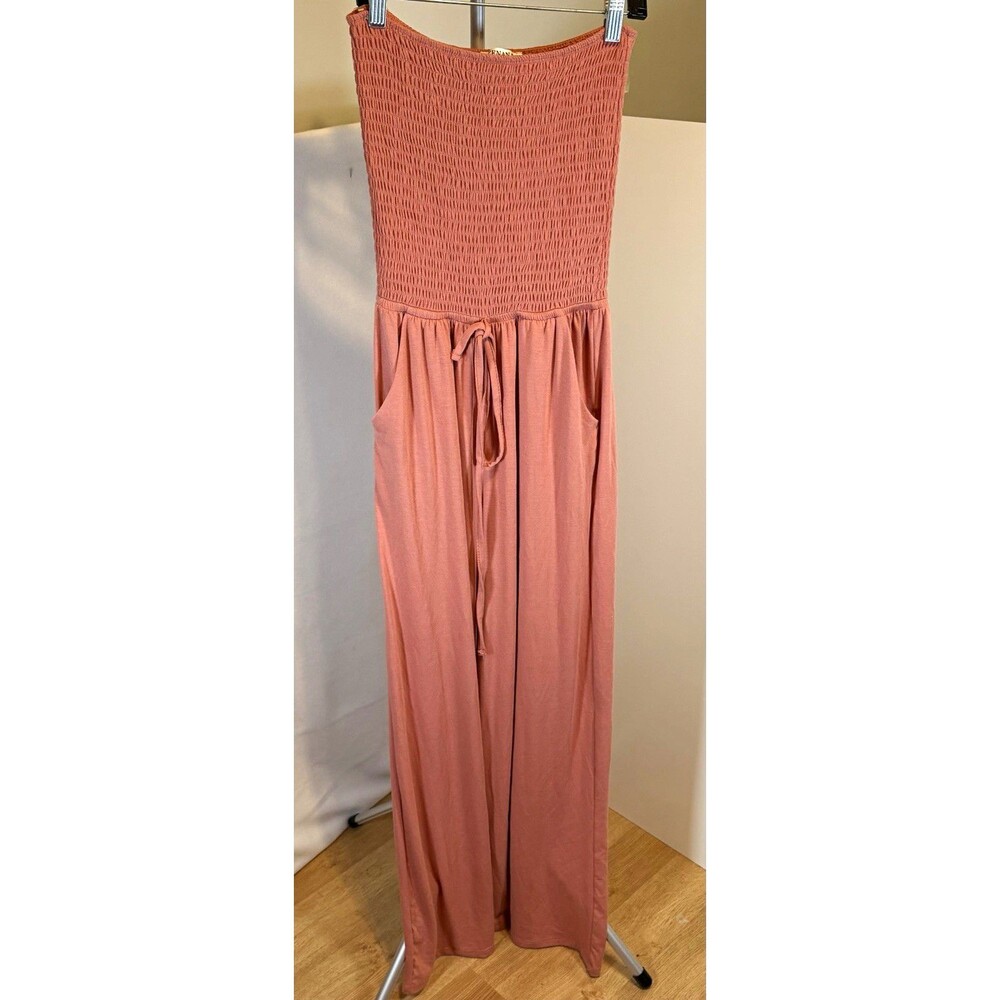 Zenana Women's Pink Strapless Smocked Wide-Leg Rayon Jumpsuit Pockets S